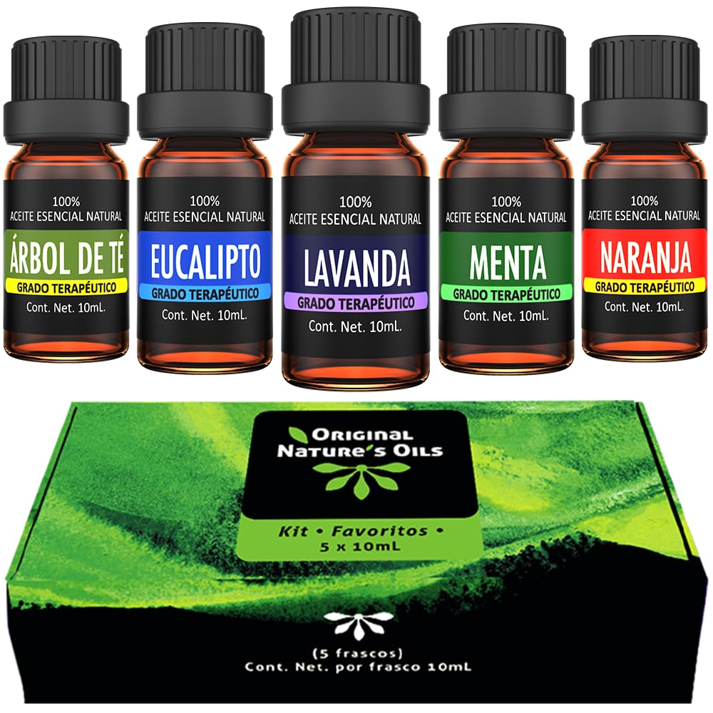 Kit de Aceites Esenciales Nature's Oils Lavanda, Árbol de Té, Eucalipto, Naranja y Menta para Difusor y Aromaterapia