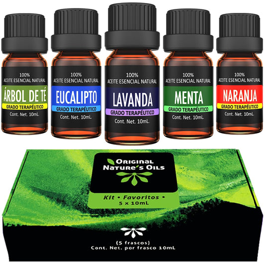 Kit de Aceites Esenciales Nature's Oils Lavanda, Árbol de Té, Eucalipto, Naranja y Menta para Difusor y Aromaterapia