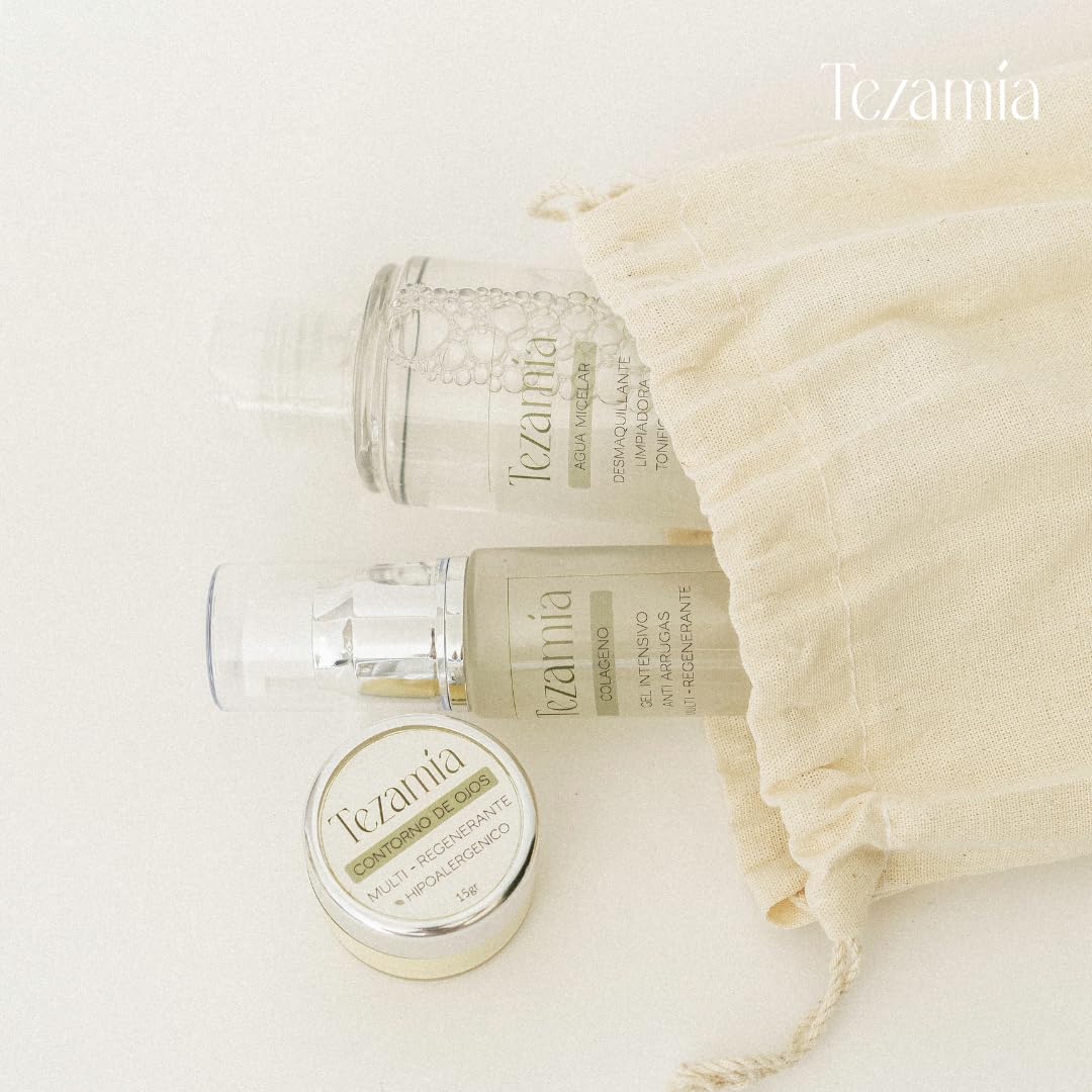 Tezamía | Kit de Belleza Completo - Rutina de Skincare con Contorno de Ojos, Agua Micelar y Sérum Antiarrugas con Colágeno - Hidratación, Limpieza y Reducción de Arrugas (3 Piezas)