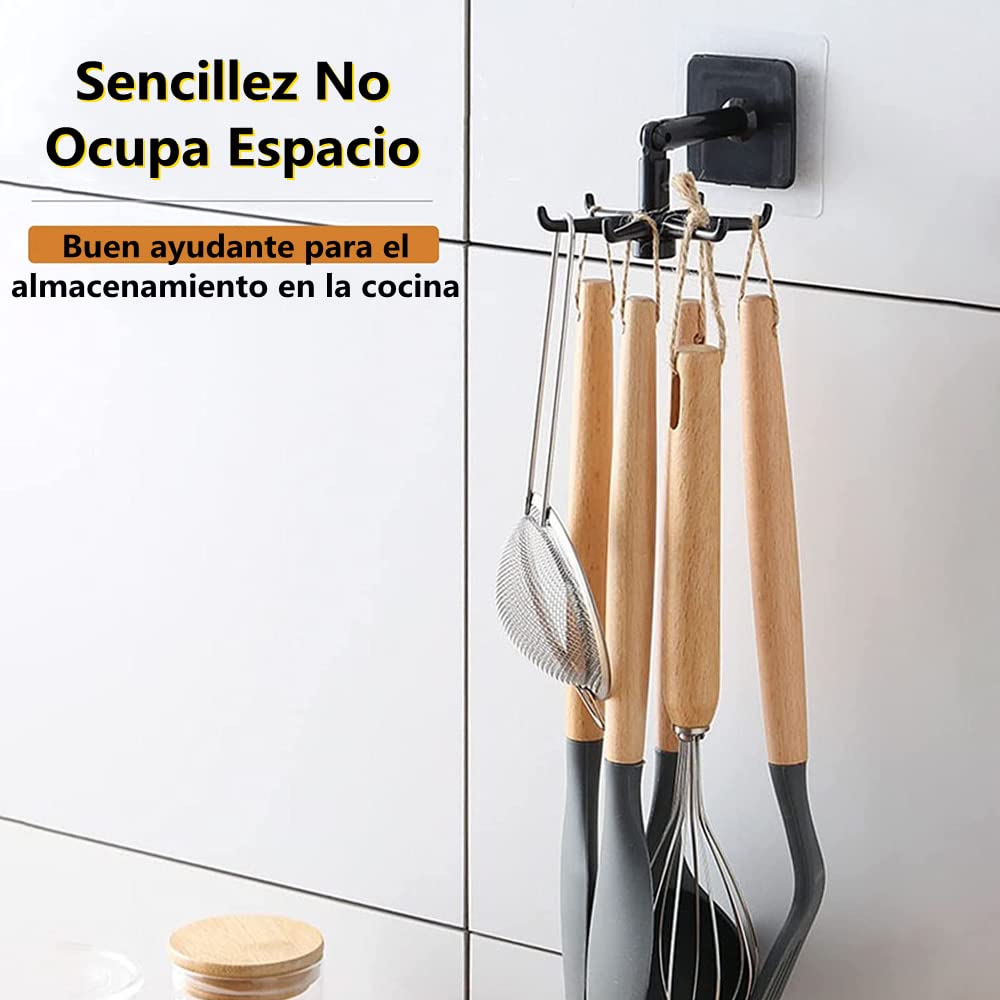 Gancho Plegable Giratorio de 360 Grados,Gancho Giratorio de Cocina de 4 Piezas,Gancho Multiusos para Colgar Utensilios,Gancho Autoadhesivo con 6 Ganchos,Gancho Vertical de 180 Grados (Negro)