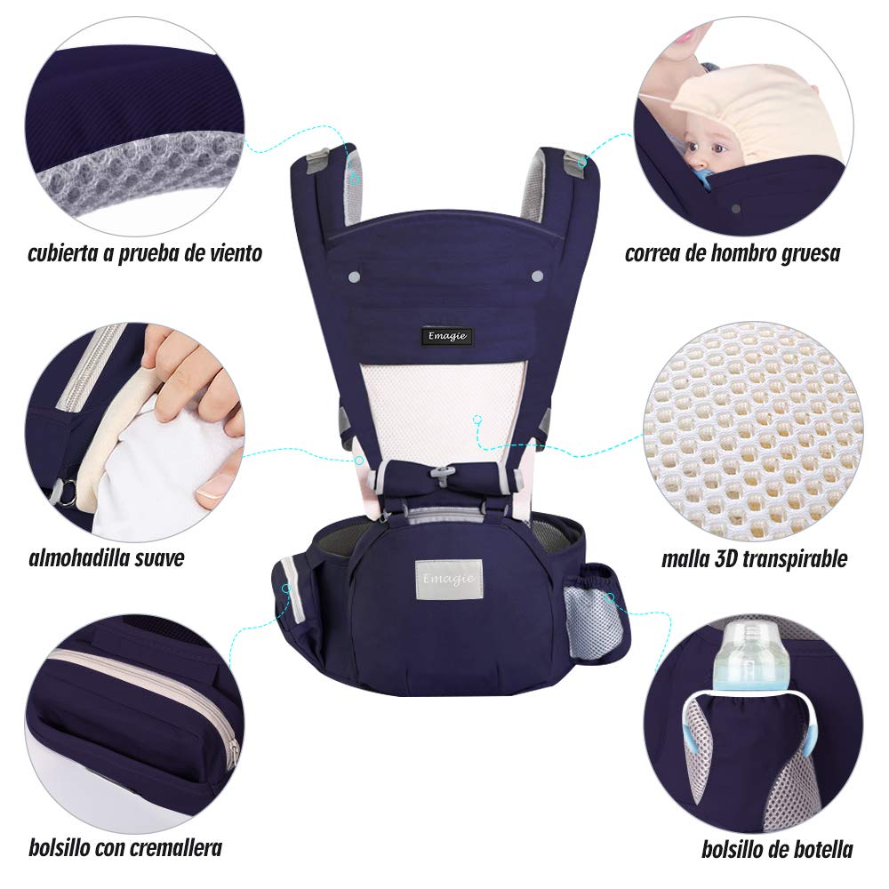 Portabebé Ergonómico EMAGIE Azul Convertible y Ajustable para Bebés 0-36 Meses