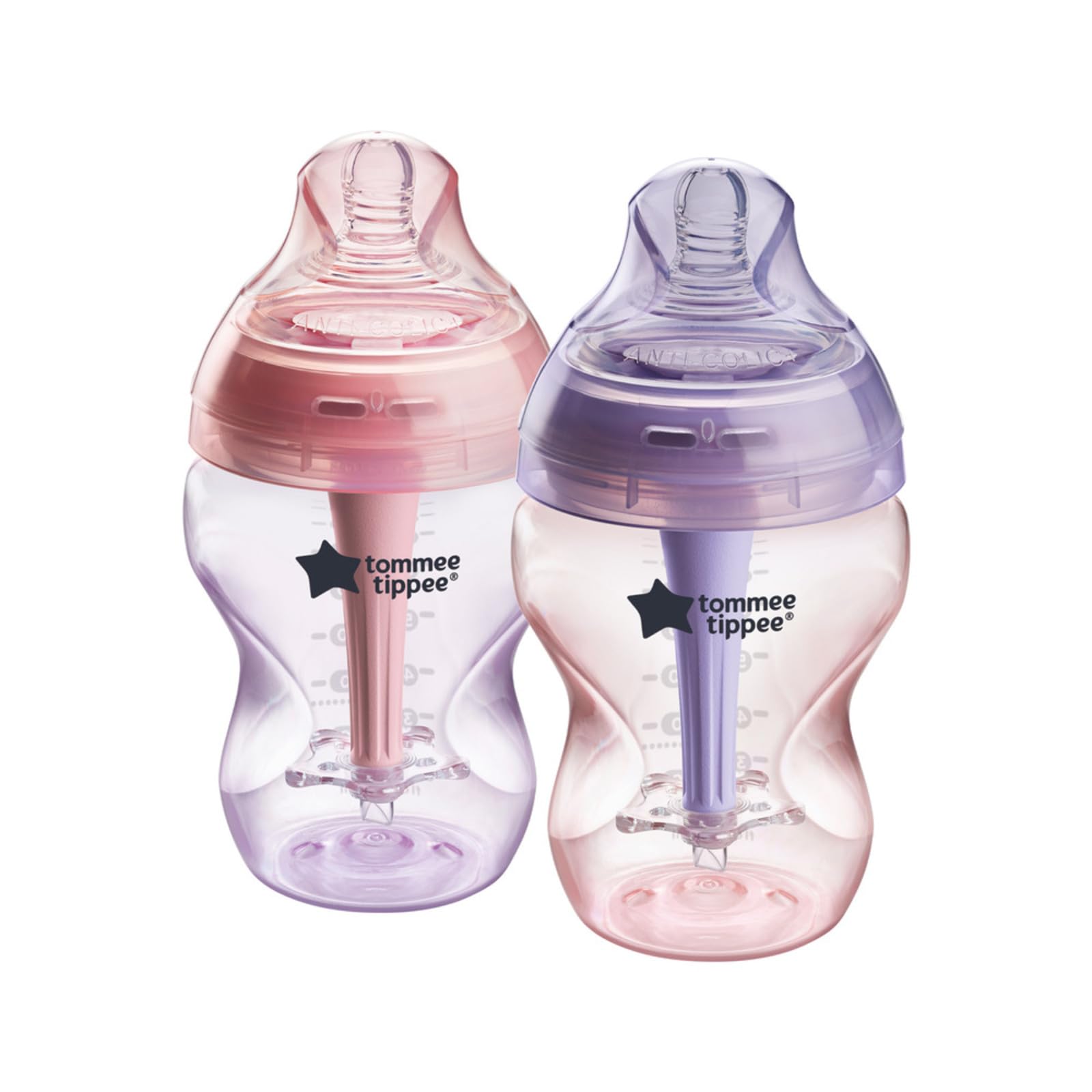 Biberón Anti-Cólico Tommee Tippee Rosa y Morado, Tetina Similar al Pecho, para una Lactancia Natural, Pack de 2