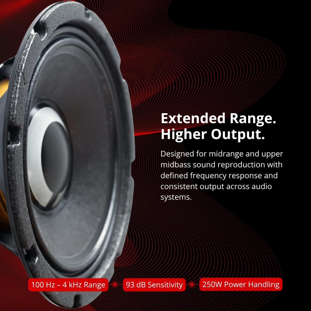 Ciare Americano 8A250M-4, altavoz de rango medio de 8 pulgadas, 4 ohmios, driver de audio de coche de 250 W, bobina de voz de cobre de 1.5 pulgadas, refrigeración del motor ventilado, cono resistente