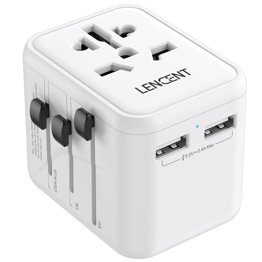 LENCENT Adaptador Enchufe Universal, Enchufe Internacional con 2 Puertos USB, Cargador de Viaje para Europa, Americano, Canadá, Reino Unido, Australia, Adaptador Viaje para Más de 200 Países, Blanco