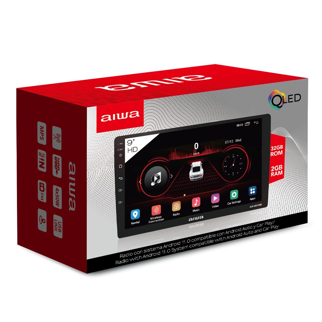 Aiwa Autoestéreo AW-A802BS Android 11 Pantalla QLED 9″ HD Bluetooth 4.2 WiFi GPS USB AUX RCA 4×50W 2GB RAM 32GB CarPlay Android Auto Cámara Reversa Negro