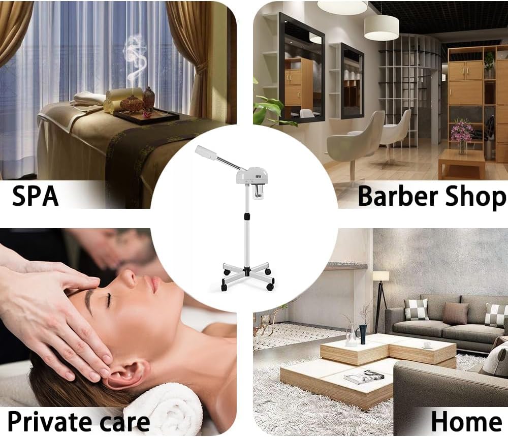 Vaporizador facial profesional de ozono con función de niebla caliente, vapor facial de pie sobre ruedas, altura ajustable y boquilla giratoria de 360°, uso en casa y salón SPA