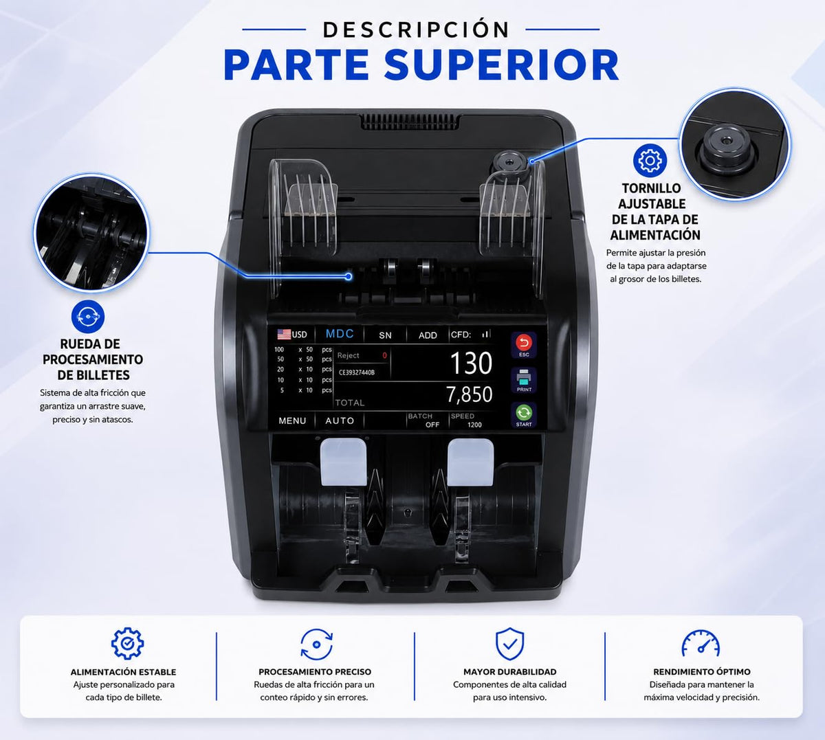 Contadora y Clasificadora Multidivisa KIshnell KB06 Negra con Detector de Billetes Falsos y Pantalla Táctil Digital de 6.9 Pulgadas Grado Bancario con Impresora Térmica Integrada