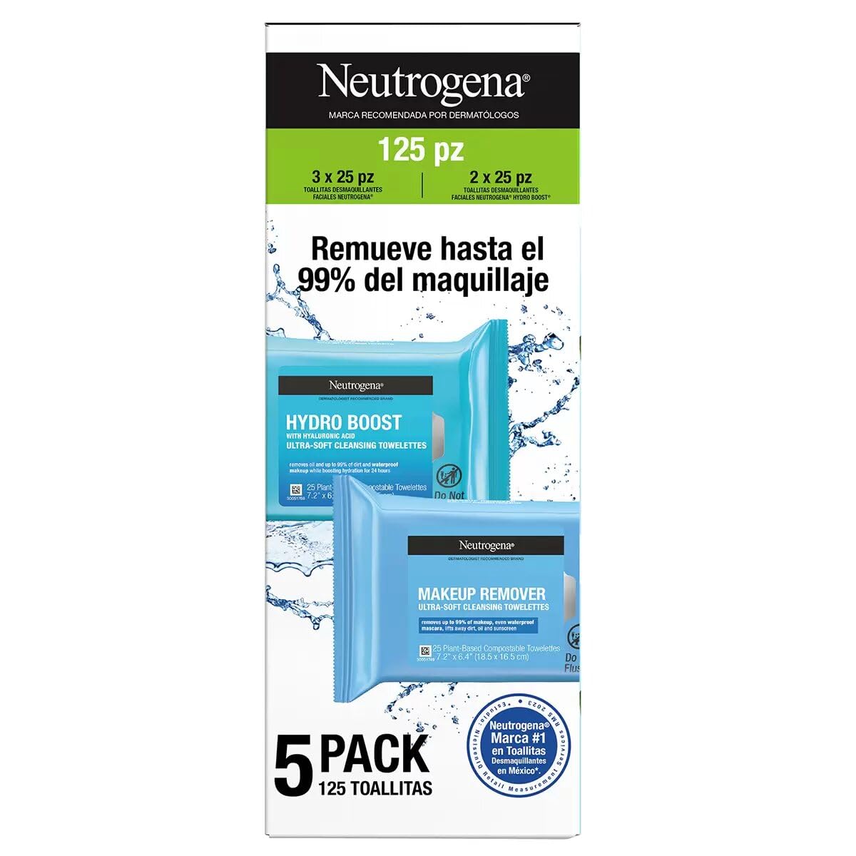 Neutrogena Toallitas Desmaquillantes y de Limpieza Facial en Paquete Variado de 5 Packs de 25 Toallitas: 3 Packs de Toallitas Desmaquillantes + 2 Packs de Toallitas de Limpieza Facial Hydro Boost con Acido Hialuronico. Total 125 Toallitas.