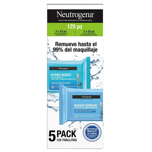 Neutrogena Toallitas Desmaquillantes y de Limpieza Facial en Paquete Variado de 5 Packs de 25 Toallitas: 3 Packs de Toallitas Desmaquillantes + 2 Packs de Toallitas de Limpieza Facial Hydro Boost con Acido Hialuronico. Total 125 Toallitas.