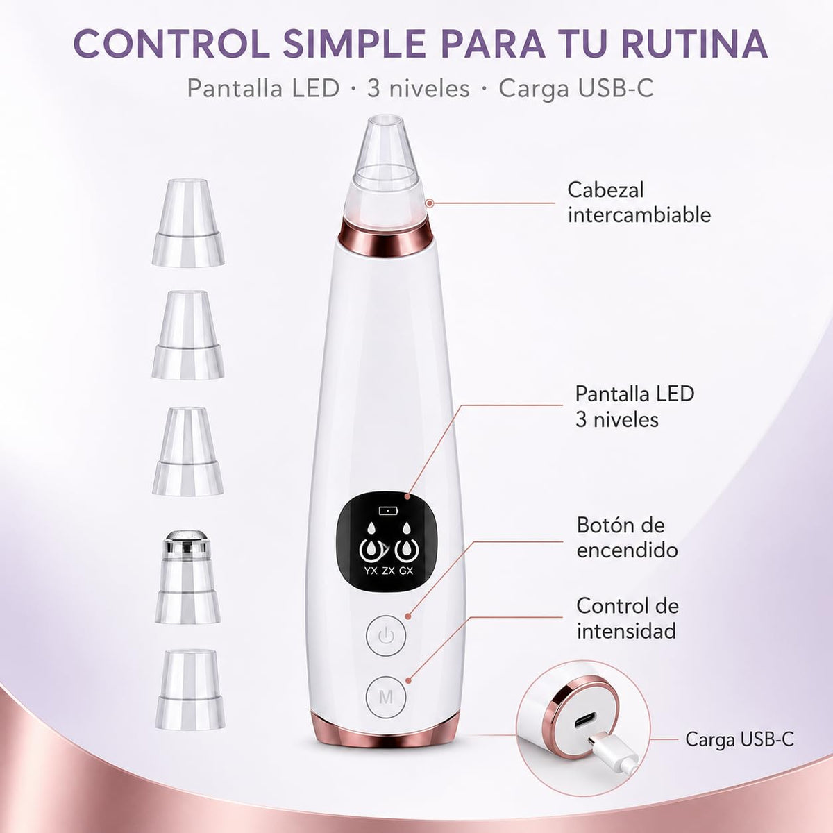 Succionador de Puntos Negros, 3 Niveles, 6 Cabezales y Pantalla LED