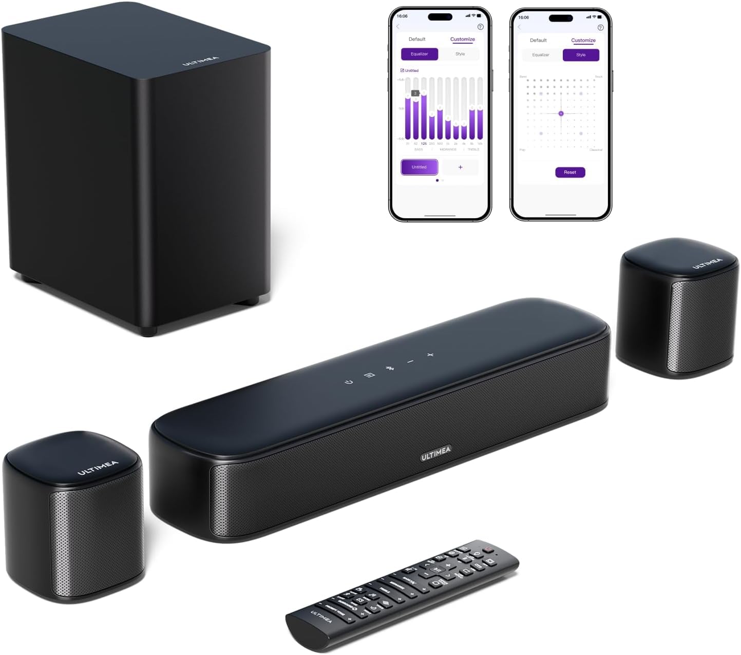 ULTIMEA 5.1ch Barra de Sonido de con Subwoofer, Sistema de Sonido Envolvente Virtual de Teatro en Casa para TV, Control de App, 2 Altavoces Envolventes, Opt/AUX, Potencia Máxima de 250W, Aura A30