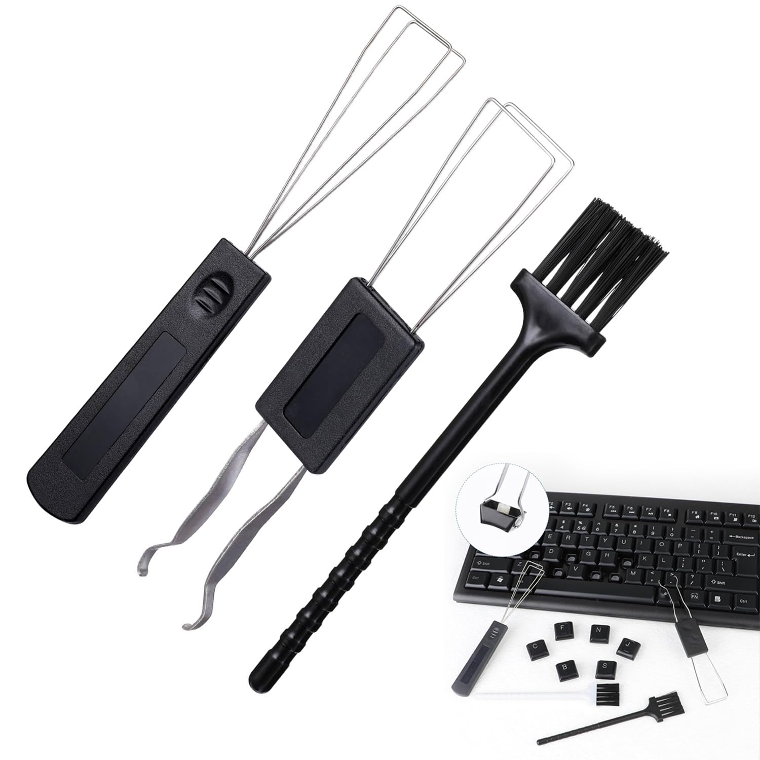 3PCS Extractores de Teclado, Cepillo de Limpieza de Teclado, Extractor de Teclado de Acero Inoxidable, Extractor de Teclado de Ordenador y Herramienta de Limpieza de Teclado (Negro)