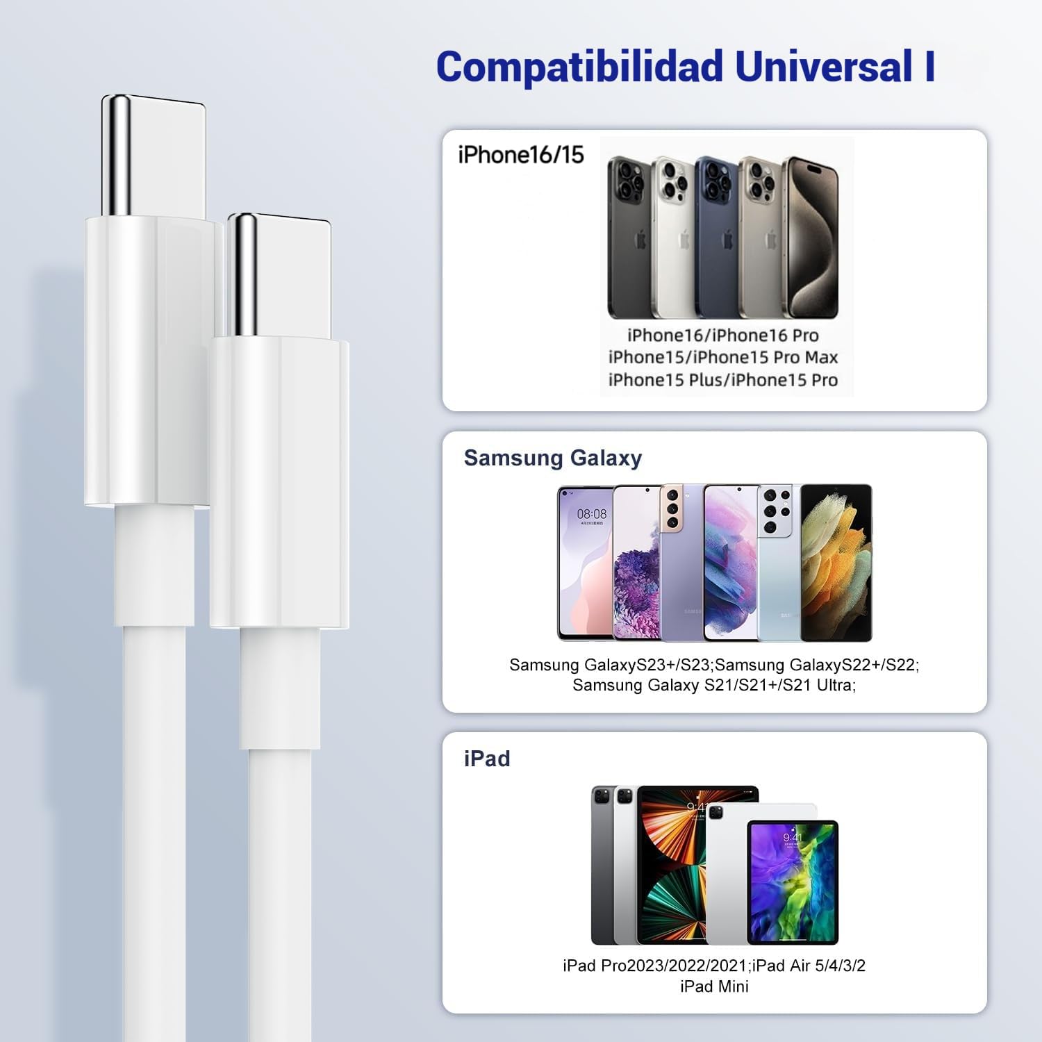 Cable USB C Yoele Blanco Carga Rápida Trenzado 1M 60W para iPhone, Galaxy y más