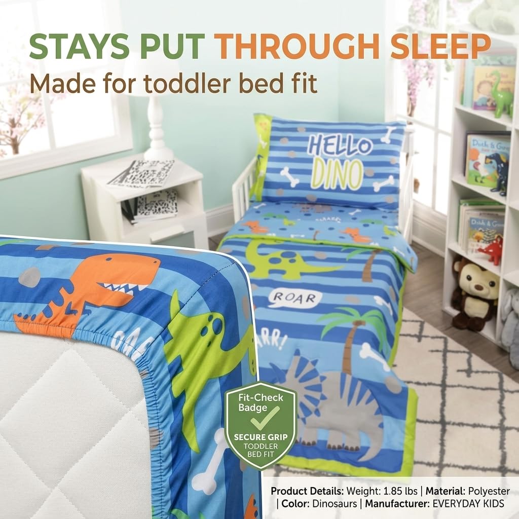 EVERYDAY KIDS - Juego de ropa de cama de 4 piezas para niños pequeños – Dinosaurios rugientes – Incluye edredón, sábana encimera, sábana bajera ajustable y funda de almohada reversible – Ropa de cama
