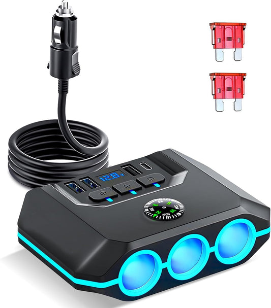 HXIIY Divisor de Enchufe para Encendedor de Cigarrillos de Coche, Multifuncional con Protección contra Sobretensión, Salida USB Tipo C para Teléfonos Tabletas, Cargador de Coche Multifuncional