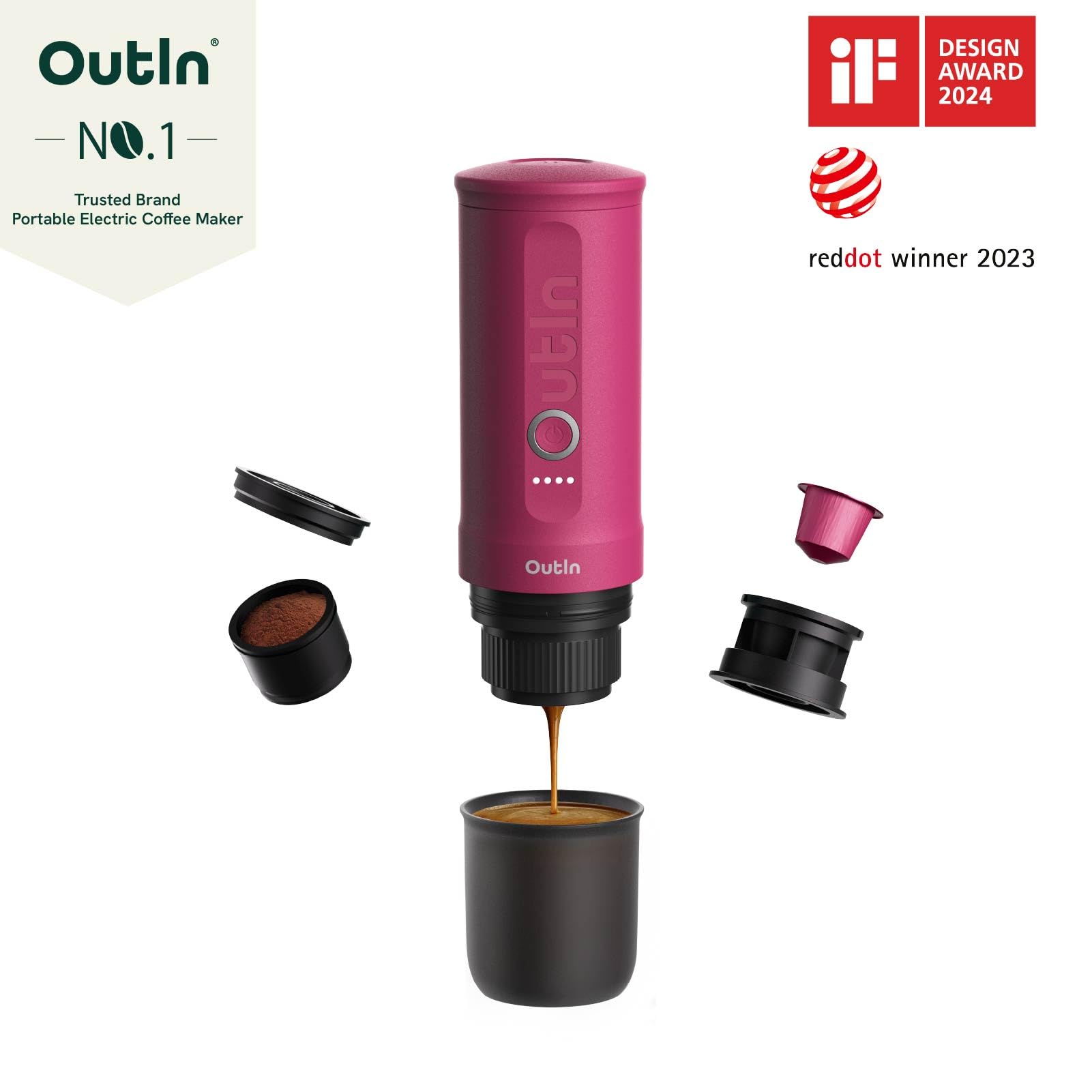 Outin nano cafetera eléctrica portátil, cafetera de campamento, autocalentada por cafetera para vehículos usb - c, Autocaravana con café molido y cápsulas ns, senderismo, Oficina