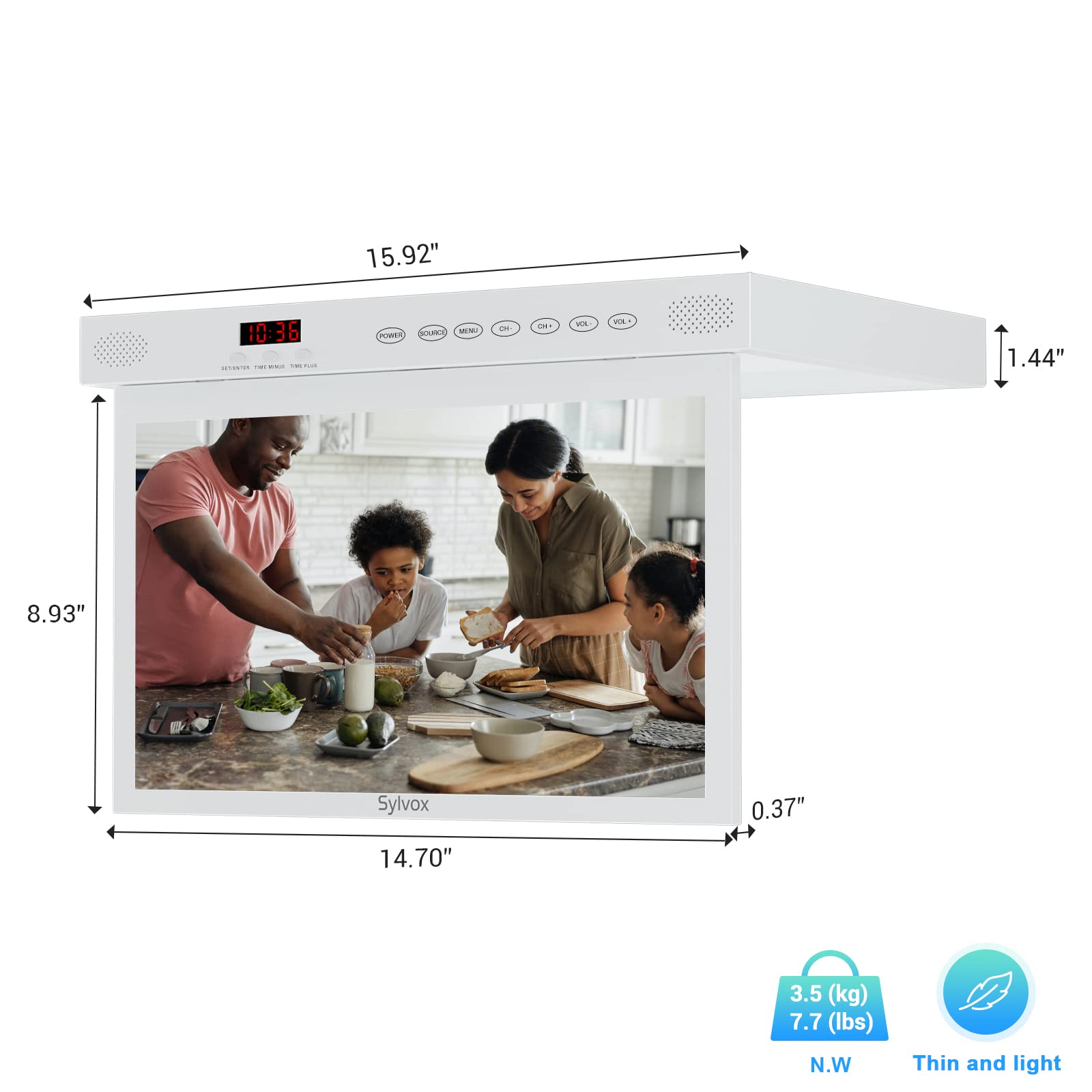 Smart TV SYLVOX Blanco Puro Rotación 360° y Visualización Abatible para Cocina y RV