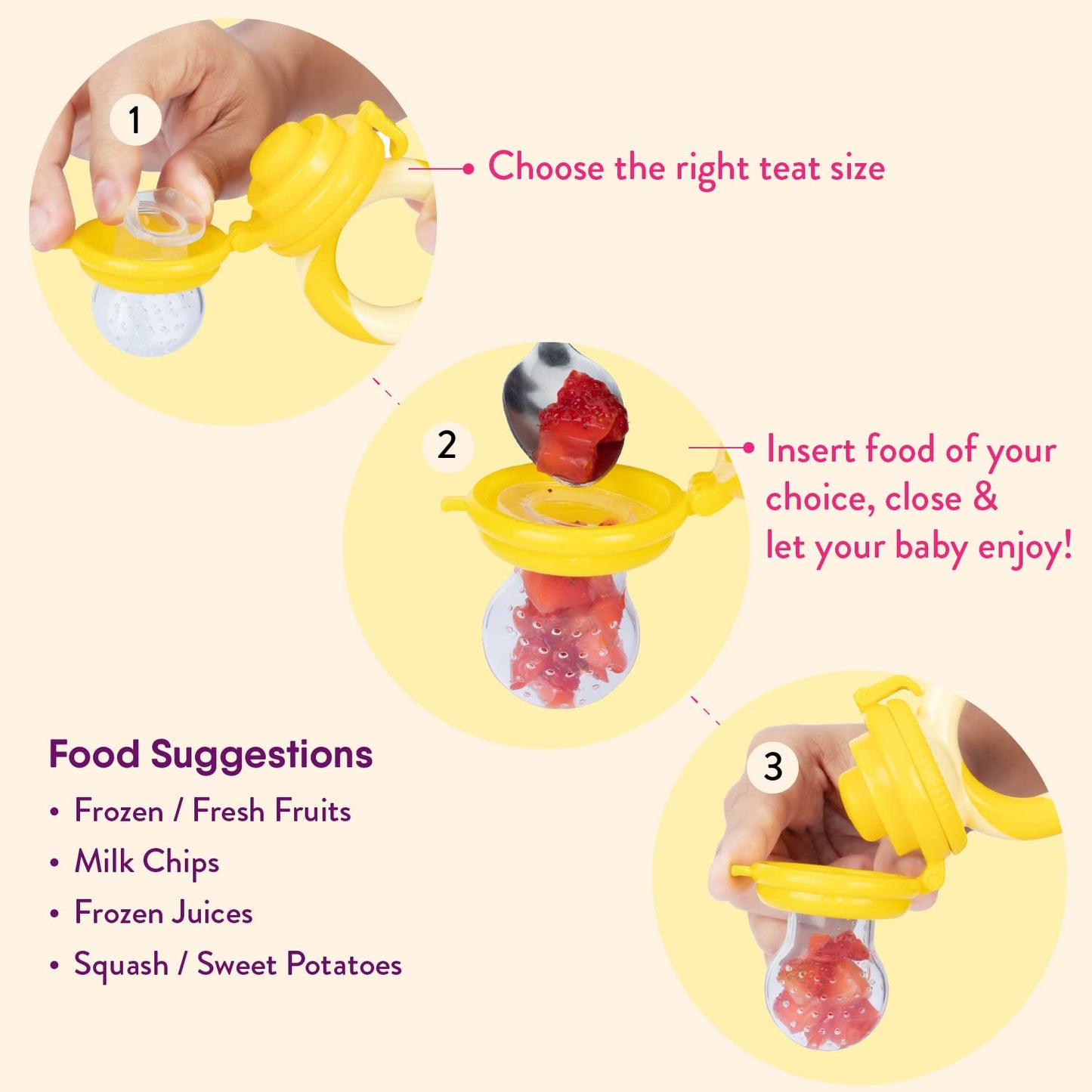 Alimentador antiahogo bebe, chupete fruta bebe de NatureBond (2 piezas), mordedores bebes | Además incluye bolsitas de silicona de todos los tamaños (Peach Pink)