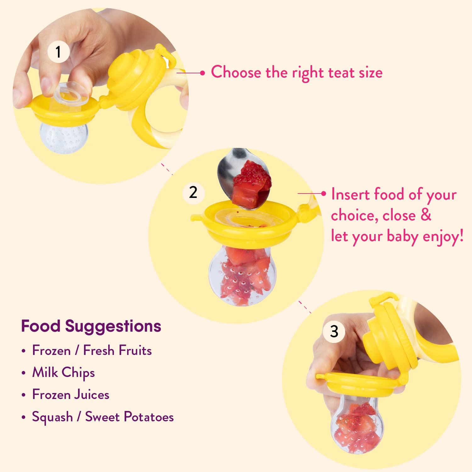 Alimentador antiahogo bebe, chupete fruta bebe de NatureBond (2 piezas), mordedores bebes | Además incluye bolsitas de silicona de todos los tamaños (Peach Pink)