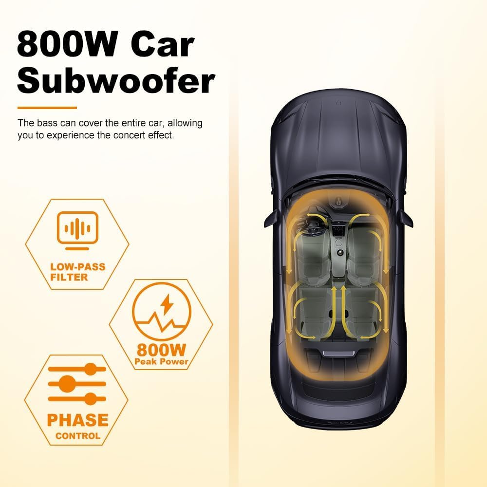 litillbuly Subwoofer de 10 pulgadas 800 W naranja para coche, subwoofer delgado para debajo del asiento, entrada de nivel alto/bajo, subwoofer de audio para coche/camión, subwoofer integrado
