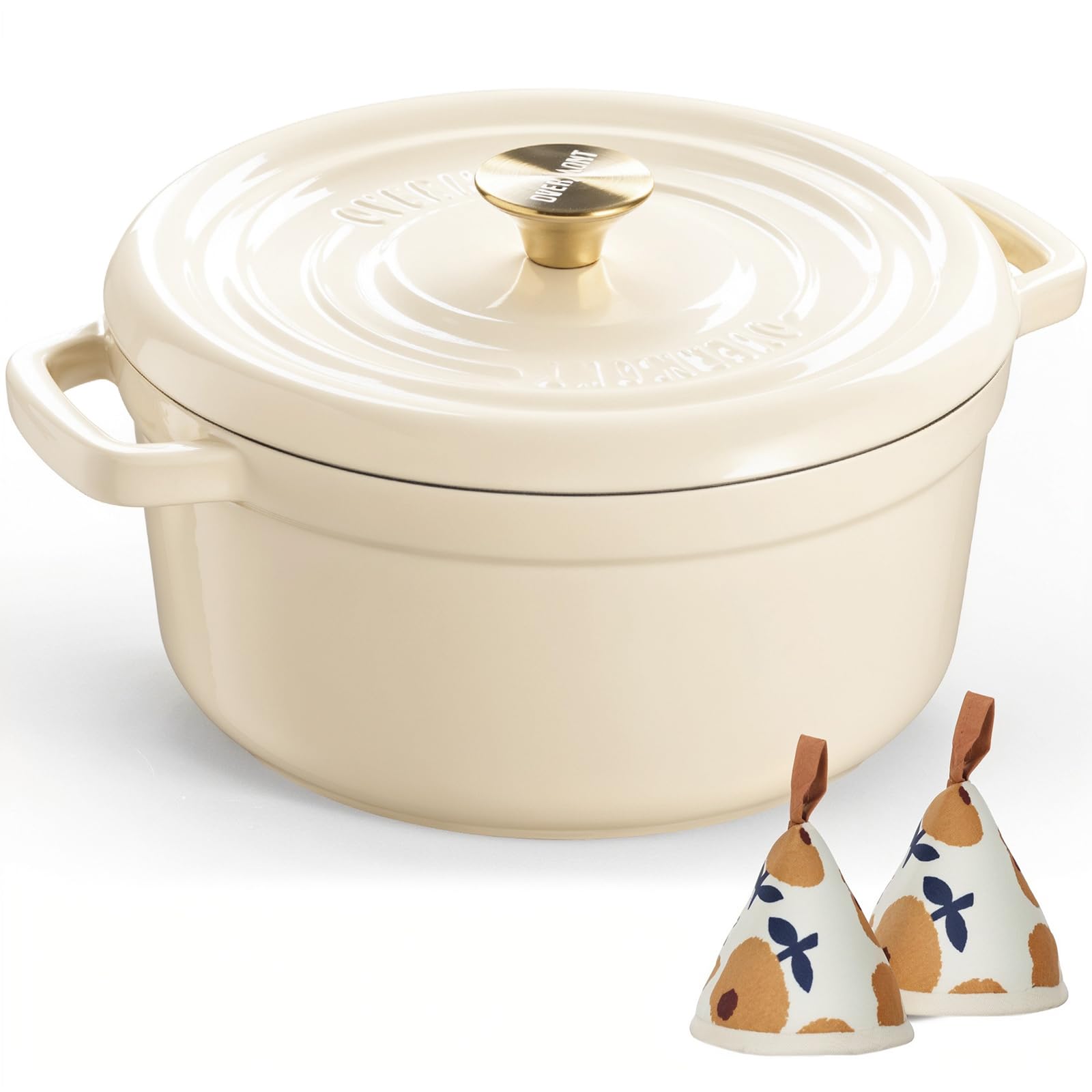 Overmont Cacerola de hierro fundido esmaltado, 26 cm, apta para horno, con tapa y libro de cocina, para asar, cocina, hornear, guisar, color blanco