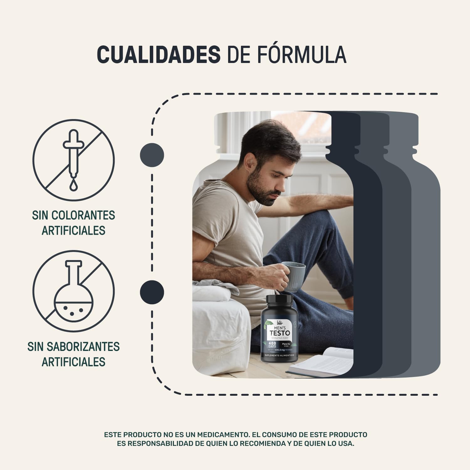 LIFE 360+ Mens Testo | 400 Cápsulas por envase | Fenogreco, Maca Negra, Maca Roja y Amarilla, L-Arginina, Zinc, Vitamina D, Magnesio, Ginseng y Guaraná | Suplemento Alimenticio 1 cápsula por porción