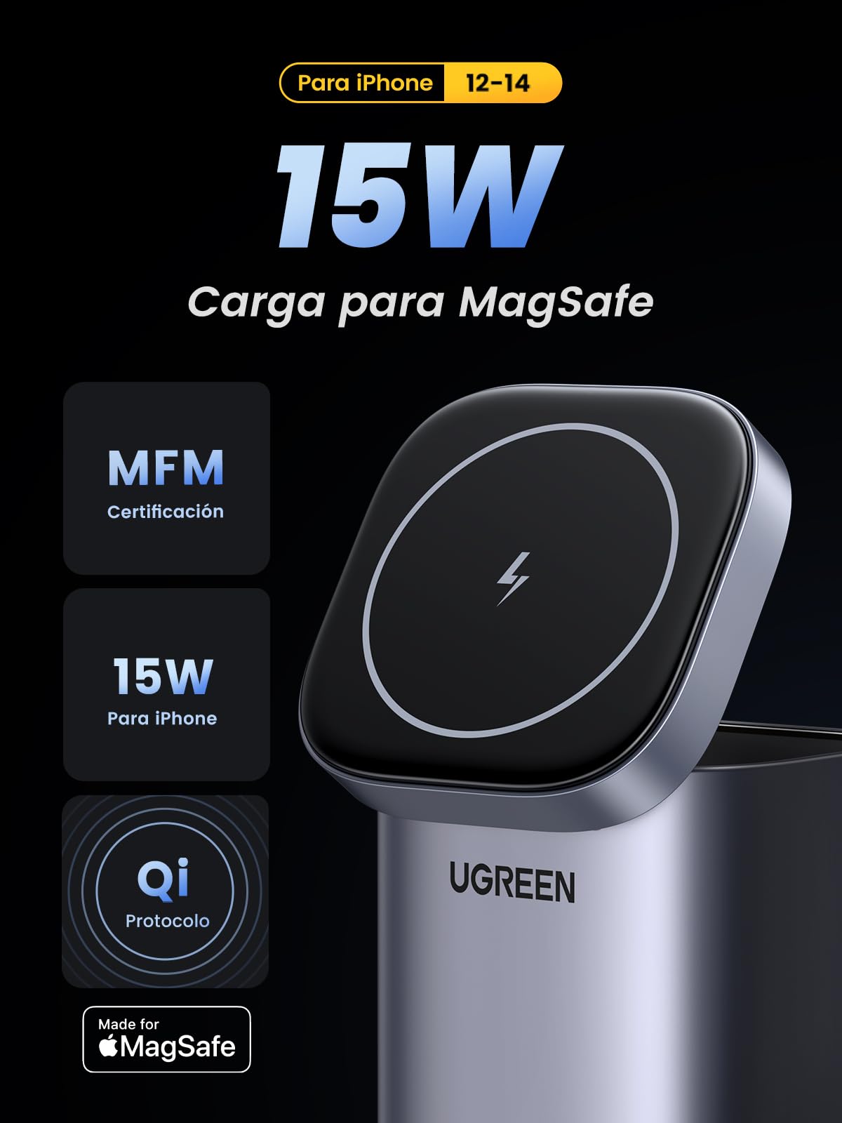 Cargador Inalámbrico UGREEN 15W MagSafe para iPhone y MacBook Pro/Air M2 en Magenta Gan 100W USB C 4 en 1