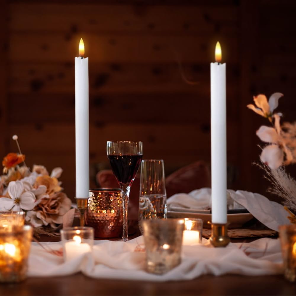 DRomance - Velas LED cónicas blancas sin llama, con temporizador de 6 horas, cera real 3D con mecha, decoración para hogar y eventos especiales (paquete de 6, 0.78 x 0.78 x 9.64 pulgadas)