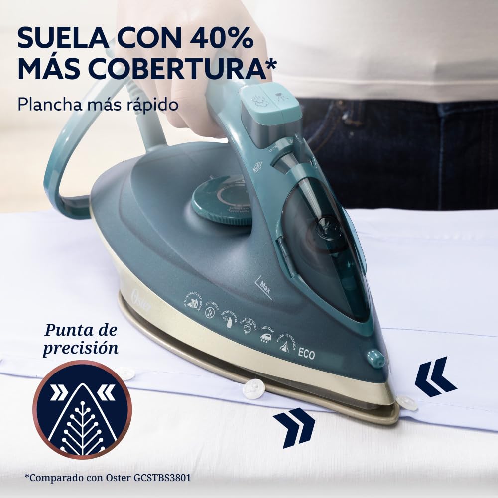 Oster Plancha de Vapor, AeroGlide Max S7800, con Golpe de Vapor 200 g/min, Recubrimiento Metálico Cerámico, Suela con más Cobertura, Aeroceramic, Eco, Apagado Automático, Verde Oscuro, GCSTAC7802-013