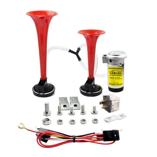 GAMPRO Bocina de aire de 12 V 135 db, bocina de aire de doble trompeta con compresor, súper fuerte y potente sonido brillante para cualquier vehículo de 12 V, camiones, trenes, barcos, coches, furgoneta