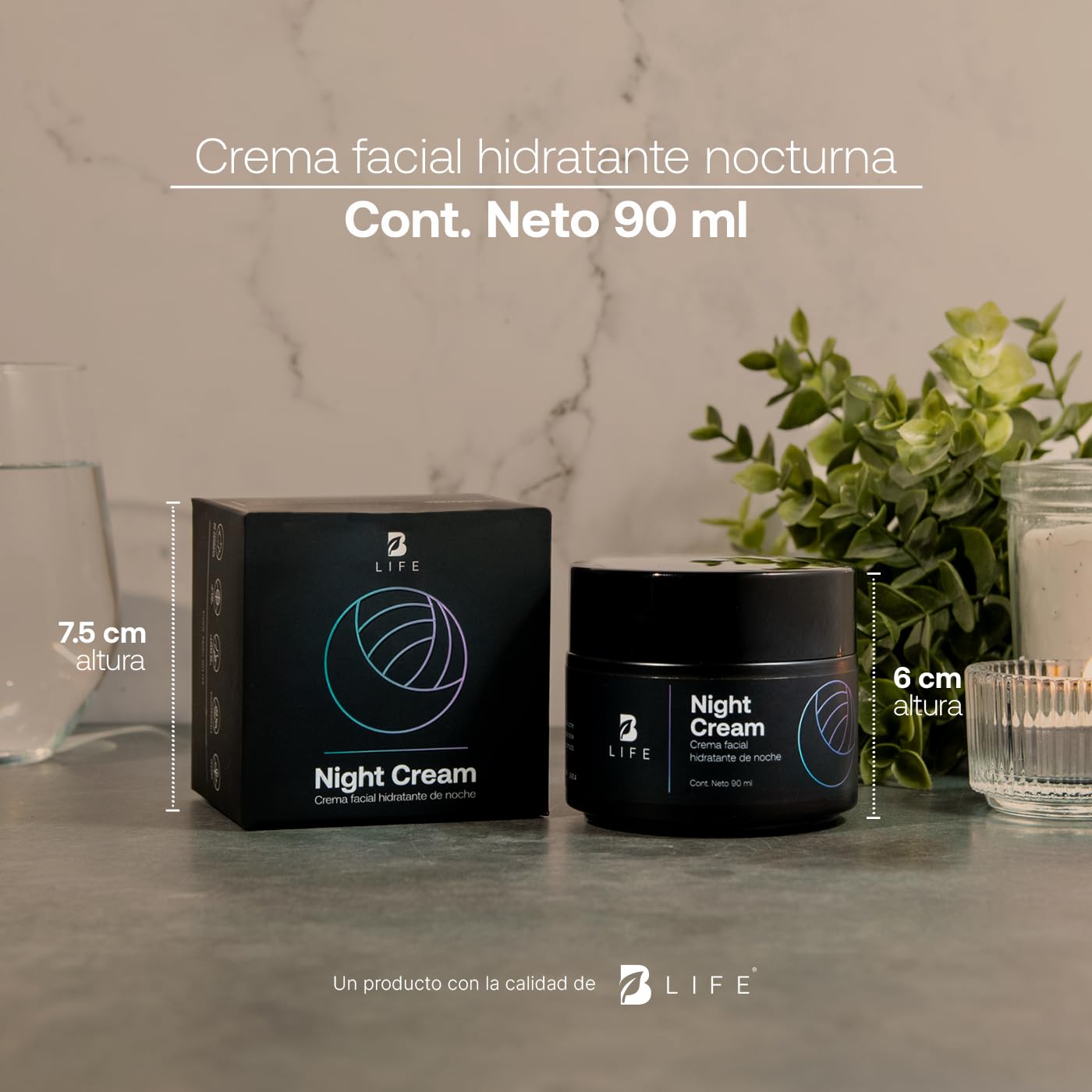 Crema Facial Hidratante de Noche con 90 ml. Enriquecida con Retinol y Ácido Hialurónico, Skincare Facial Antiarrugas. Night Cream B Life.