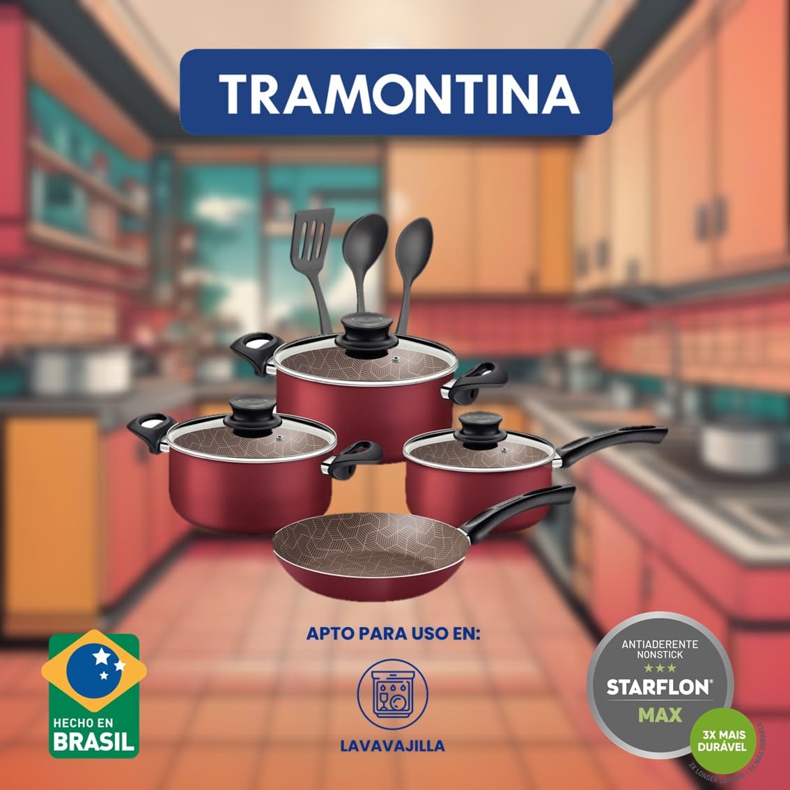 Batería de Cocina Tramontina Rojo Aluminio Antiadherente Starflon Max 10 Piezas