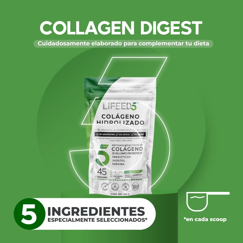 Colágeno Hidrolizado, Probióticos 50 billones, Enzimas Digestivas, Prebioticos y Inositol con 45 porciones. Colageno Hidrolizado en Polvo para Mujeres y Hombres || LIFEED5 COLLAGEN DIGEST