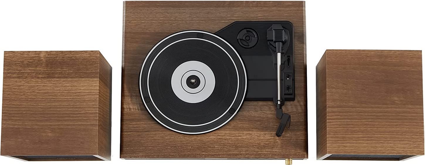 Crosley CR7019A-WA Sistema de Estante Giratorio Alto de 3 velocidades con Bluetooth, Radio FM y Altavoces estéreo a Juego, Nogal