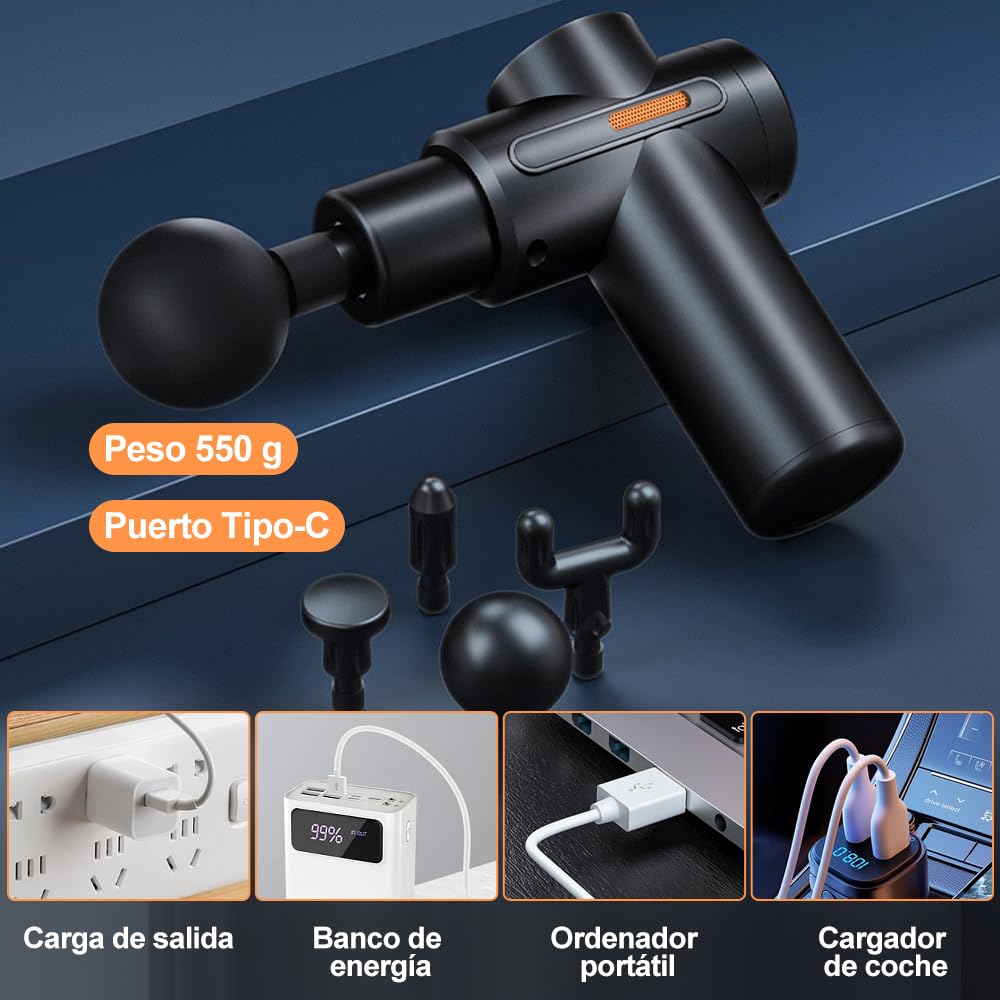 Pistola De Masaje Eléctrico Muscular Masajeador 4 Cabezales de Masaje para Relajar Los Músculos Aliviar el Dolor Para Musculos Ligamentos y Tejidos Masaje Profesional (Negro)