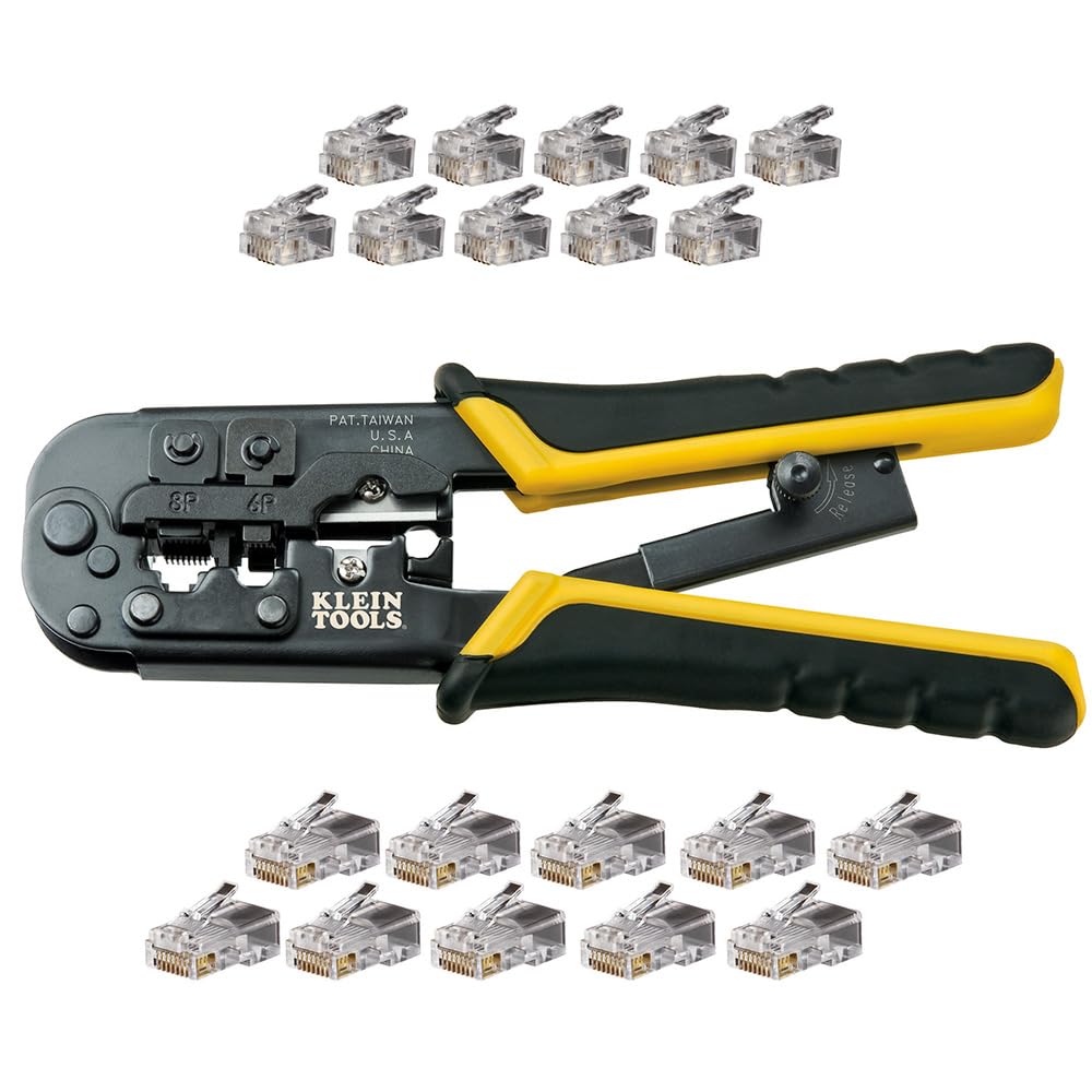 Klein Tools VDV226-817| Kit de instalación modular todo en uno |Corta, pela y poncha cables de voz y datos |Crimpado preciso y seguro |Crimpadora de terminales |Herramientas |Con conectores | Amarillo