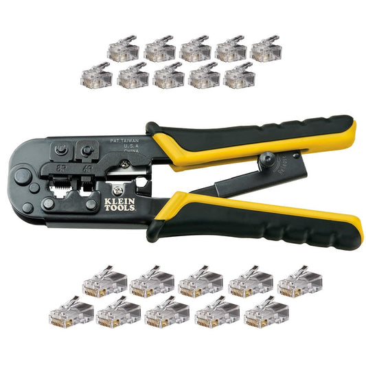 Klein Tools VDV226-817| Kit de instalación modular todo en uno |Corta, pela y poncha cables de voz y datos |Crimpado preciso y seguro |Crimpadora de terminales |Herramientas |Con conectores | Amarillo