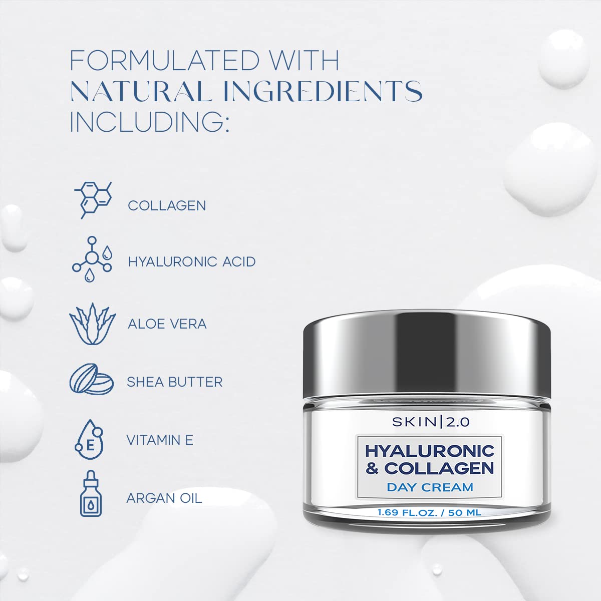 Skin 2.0-Hidratante facial con ácido hialurónico y colágeno: probado por dermatólogos, antienvejecimiento, restaura la elasticidad, hidratante, belleza limpia, sin crueldad animal.