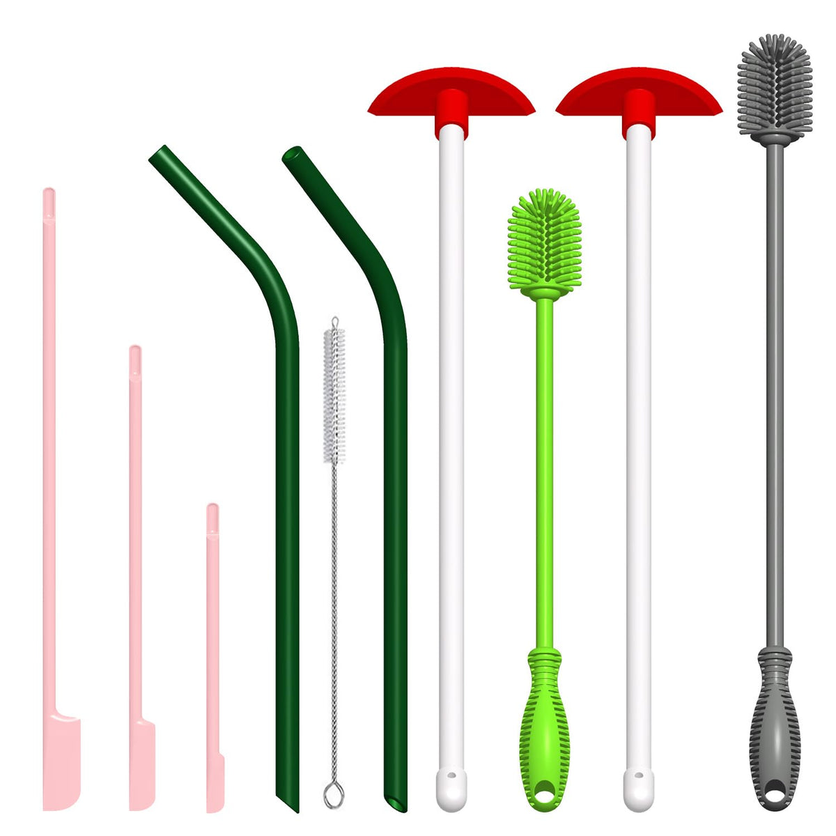 Kit de limpieza de silicona de 10 piezas, 2 cepillos para botellas, 2 raspadores de limpieza, 3 espátulas raspadoras para frascos, 2 pajitas de silicona reutilizables y 1 cepillo para pajitas