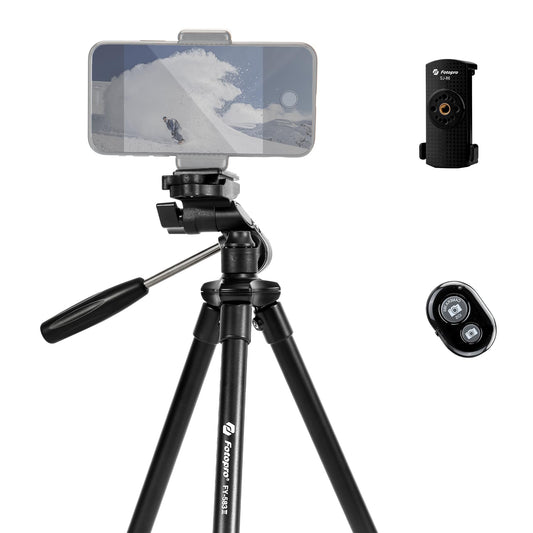 Fotopro Trípode Phone, 39.5 Pulgadas de Aluminio de Trípode de la Cámara, Trípode de Teléfono y Soporte de la Cámara Portátil con Control Remoto Bluetooth y Smartphone Clip Mount