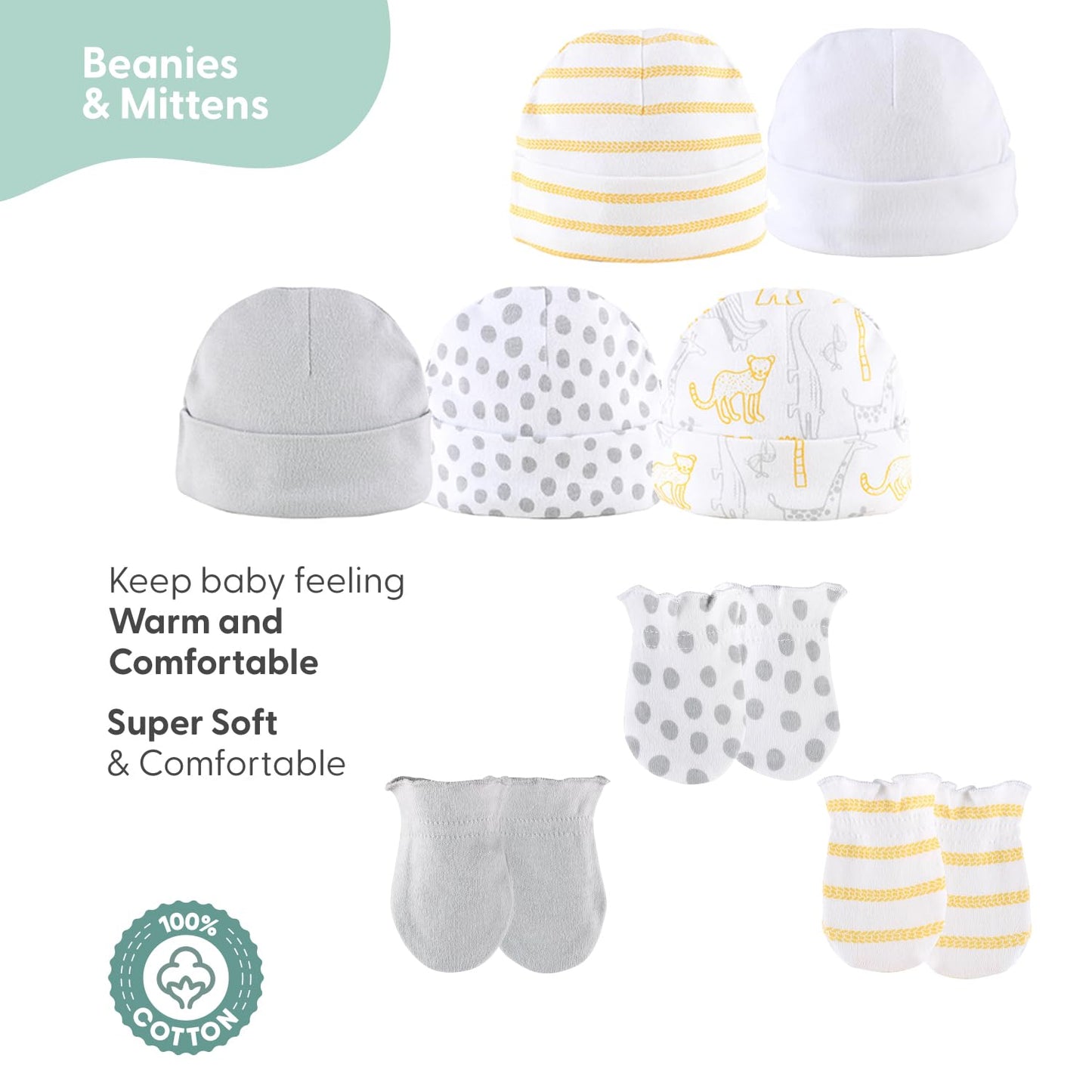 The Peanutshell Juego de regalo para recién nacidos para bebés niños o niñas | Juego de ropa y accesorios neutros para recién nacidos de 23 piezas | Temática de safari amarillo