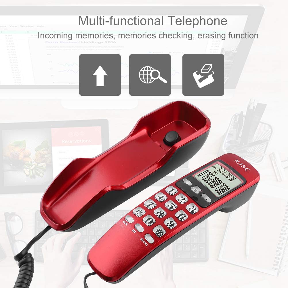 ASHATA Teléfono Fijo con Pantalla LCD, Teléfono con Cable Multifuncional Capacidad de 38 Contactos,Memoria Entrante,Comprobación de Recuerdos,Devolución de Llamada(DTMF/FSK)(Rojo)