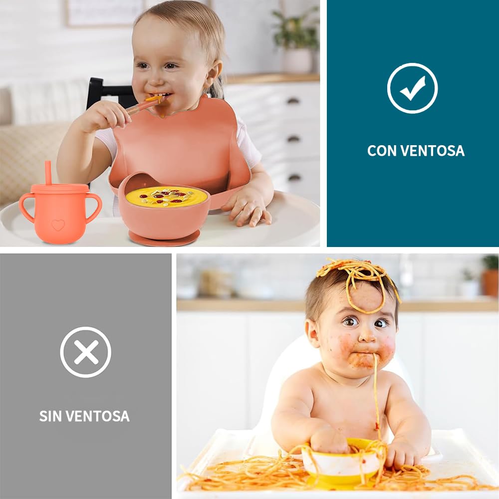 FINYQBET Platos Para Bebés De Silicona Con Tazón Cuchara Tenedor Babe,Set de 8 Piezas para Bebés,Plato para Bebe con Ventosas, Ajustable,NARANJA