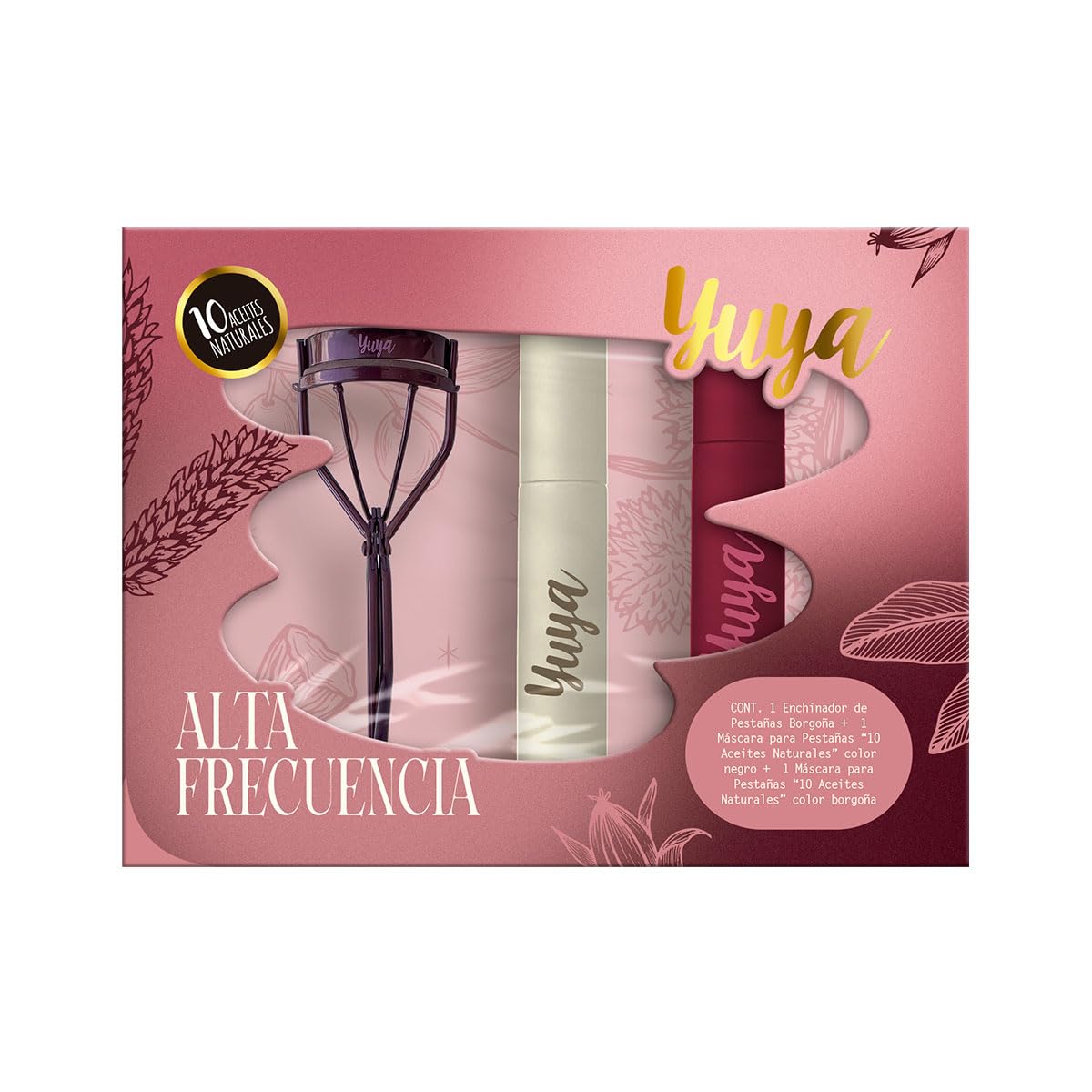 YUYA Alta Frecuencia Kit Enchinador de Pestañas Borgoña + Máscara Negra y Borgoña con 10 Aceites Naturales a prueba de agua - Efecto Alargamiento, Volumen, Curvatura y Definición - Cepillo de Silicón, Rizado Profesional, Larga Duración