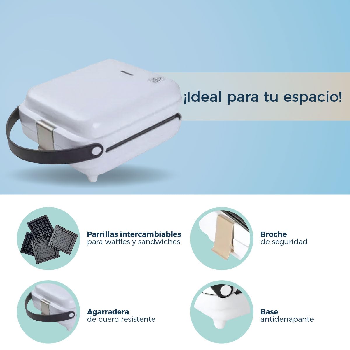 Wafflera Sandwichera Eléctrica Portátil con Parrilla Intercambiable Blanca