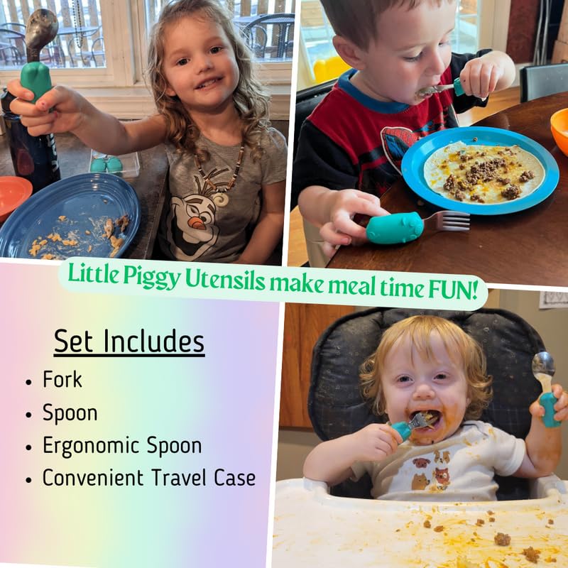 Juego de utensilios de viaje para niños con práctica funda de transporte. Incluye tenedor, cuchara universal y cuchara ergonómica para diestros. Asas de fácil agarre, utensilios de acero inoxidable