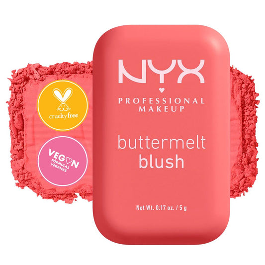 NYX Professional Makeup, Buttermelt Blush, Tono: Feeling Butta (rosa oscuro). Rubor cremoso en polvo infusionado con manteca de karité, mango y almendras, hasta 12hrs de uso, no se desvanece, resistente a transferencias. Fórmula vegana.