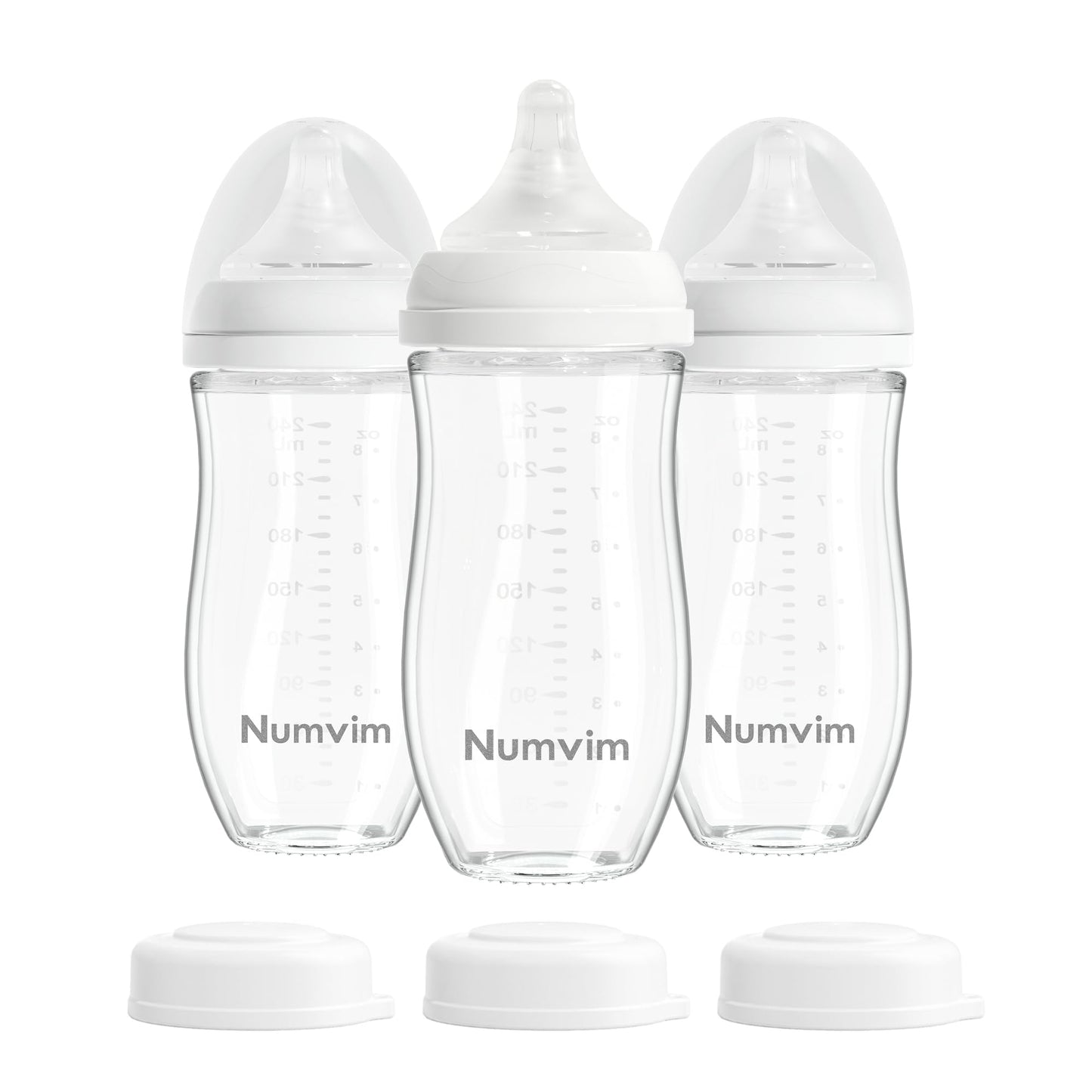 Biberones de Vidrio Natural para Bebés en Lactancia, Artículos Esenciales para Bebé, Libre de Plomo, Flujo Medio Suave, Biberón de Cuello Ancho con Tetina Anticólicos para Bebés de 3+ Meses – Pack de 3 (Blanco, 8 oz / 240 ml)