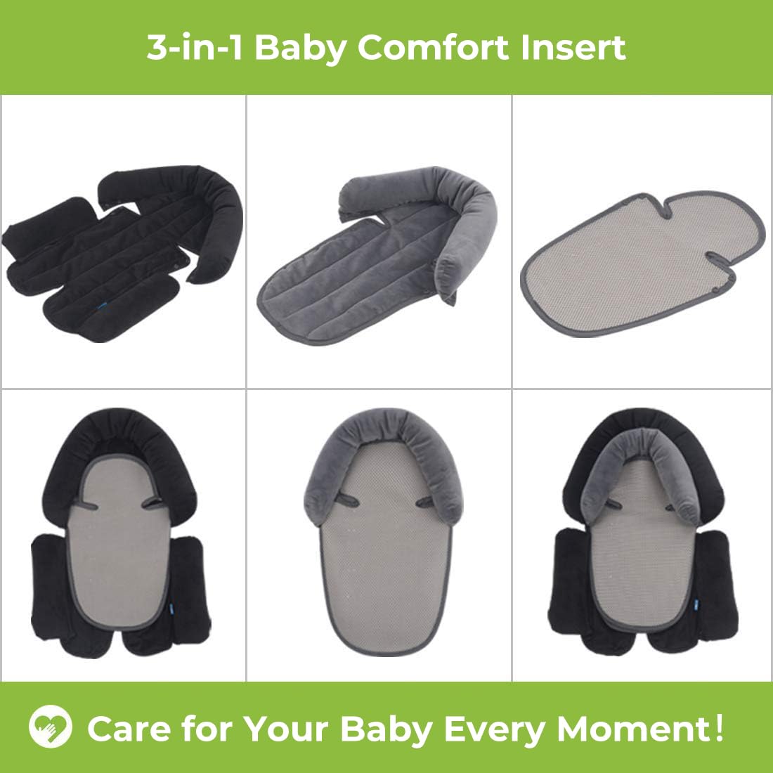 (Black Gray) - COOLBEBE Upgraded 3-in-1 Baby Head Neck Body Support Pillow for Newborn Infant Toddler - Extra Soft Car Seat Insert Cushion Pad, Perfect for Carseats, Strollers, Swings