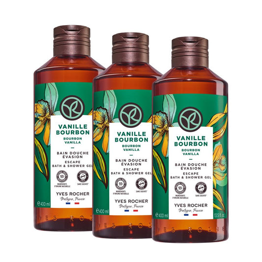 Yves Rocher Set Gel De Ducha Vainilla, Todo Tipo de Piel, Fórmula Vegana, Pack 3 Geles 400 ml c/u